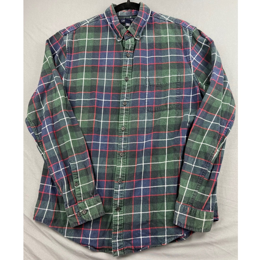 Lands' End Flannel Shirt Men Large *Tall* Tailored Fit Green Plaid Cotton Good